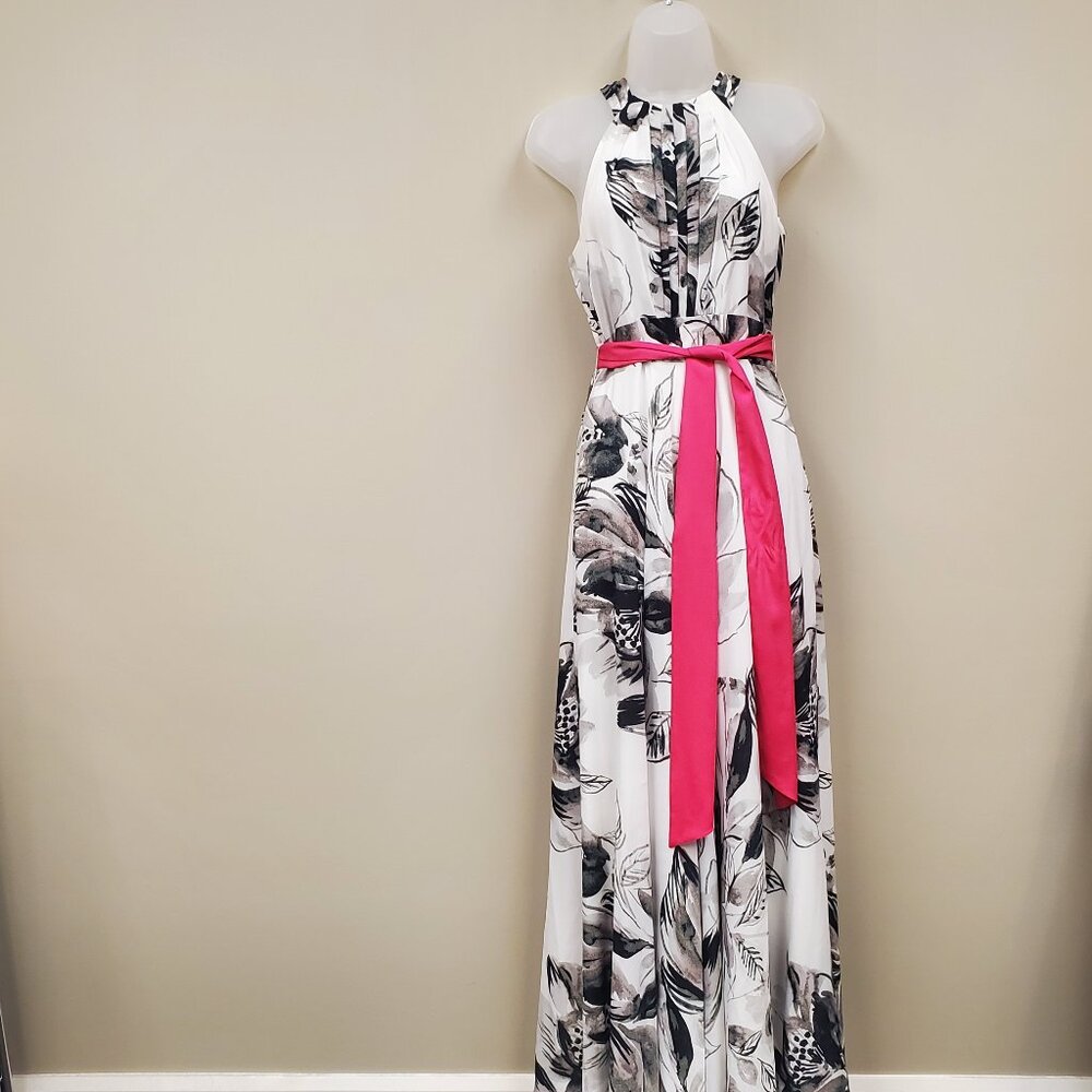 Eliza J Black White Print Chiffon Maxi Belted Dress Size 4